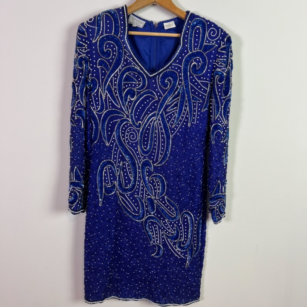 Stenay Blue Silver Beaded Silk Long Sleeve Midi Dress Women Size 8 Petite - Picture 4 of 7
